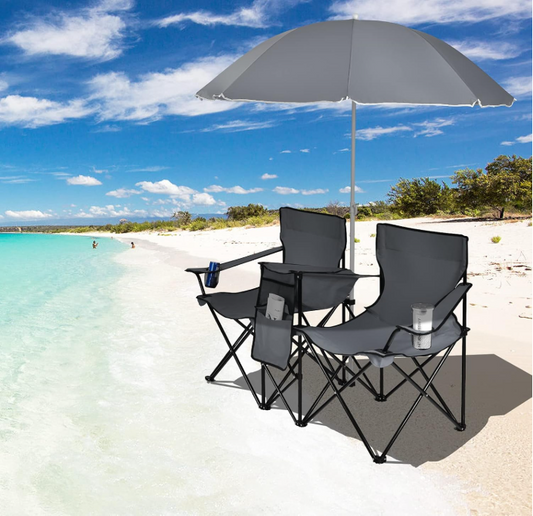 Double Camping Chair with Umbrella, Folding Loveseat Chairs w/Canopy Shade, Carrying Bag, Table, Cup Holder, Portable Beach Chairs Outdoor Picnic Patio (Grey)