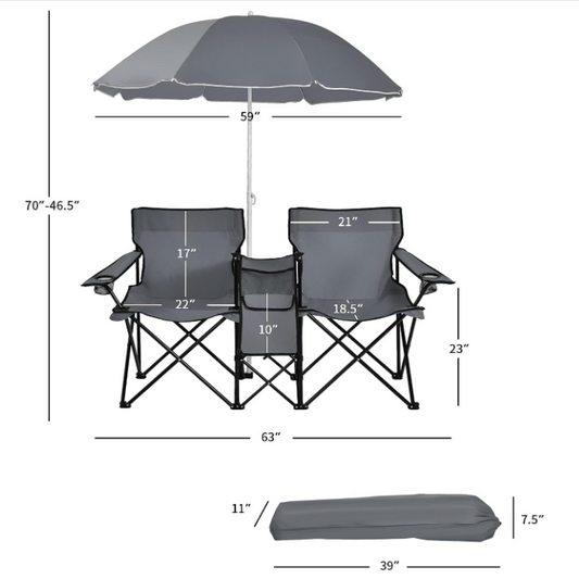 Double Camping Chair with Umbrella, Folding Loveseat Chairs w/Canopy Shade, Carrying Bag, Table, Cup Holder, Portable Beach Chairs Outdoor Picnic Patio (Grey)